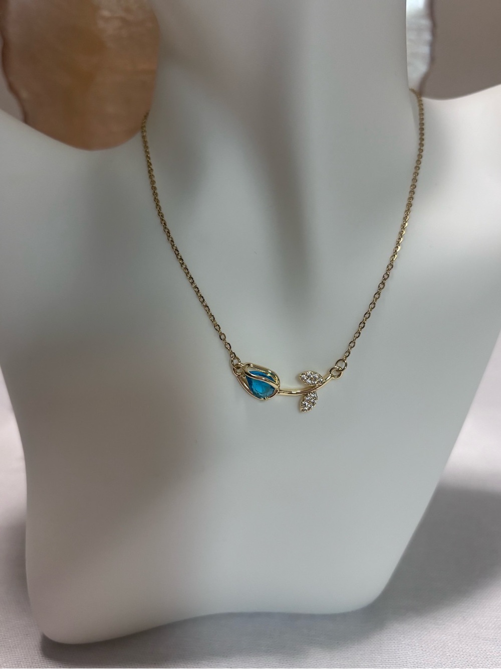 Gold Tulip Teardrop Blue Crystal Necklace